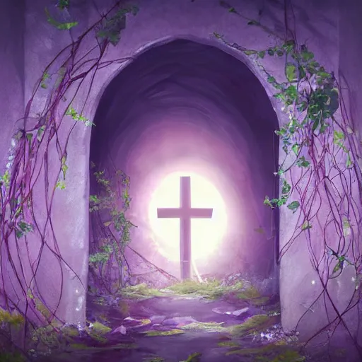 Prompt: a christian cross as the light is shining at the end of the tunnel, paradise outside of the tunnel, with pale purple and pale pink lighting, cute, aesthetic, anime, with a few vines and overgrowth, studio ghibli, cinematic, painting, high definition, digital art, symmetrical, very detailed, extremely high detail, photo realistic, concept art, unreal engine 5,