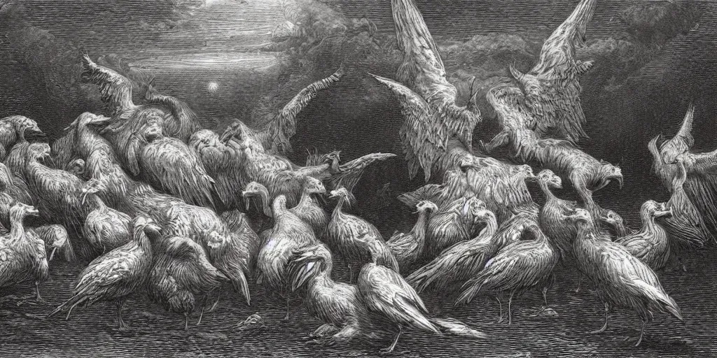 Image similar to cerberus with angry geese as its heads, guarding the gates of hell, art by gustave dore