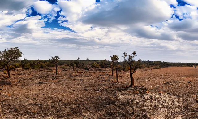 Image similar to panorama of big raindrops flying upwards into the perfect cloudless blue sky from a dried up river in a desolate land, dead trees, blue sky, hot and sunny highly-detailed, elegant, dramatic lighting, artstation, 4k, cinematic landscape, photograph by National Geographic