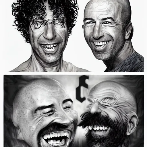 Image similar to Joe Rogan and Howard Stern laughing portrait, intricate, highly detailed, concept art, smooth, sharp focus, illustration, medium shot, mid-shot