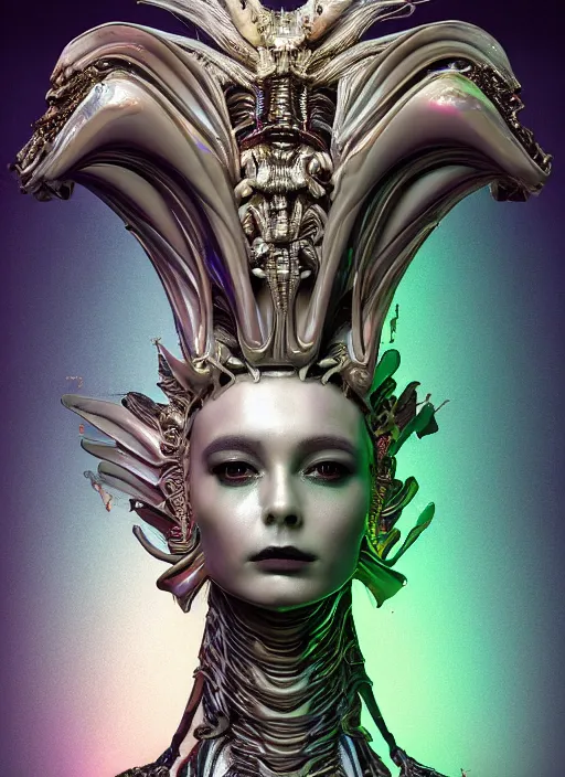 Prompt: hybrid humanoid androgyne muse with recursively horned wing crown attached to side of xenomorphic head, concept art, sculpted iridescent optical mineralogy features, xenomorphic, intricate detail, holographic, pixel sorting, style by James Jean, circuitry, organic detail, asymmetry, cinematic, epic wide shot, ultra detailed, artstation, sharp focus,smooth, cinematic lighting, cinematic detail, composition, photorealistic, render in unreal engine 5, golden ratio, 8k render