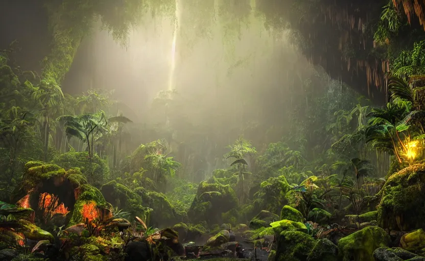 Image similar to a beautiful render of a dark prehistoric rainforest in a humongous cave, lush flora, patches of yellowish - red - magenta sky, sunset lighting, fireflies, floating mountains and a waterfall in the background, intricate detail, hazy, humid, volumetric lighting, god rays, 8 k, photorealistic, raytracing effects, unreal engine 5