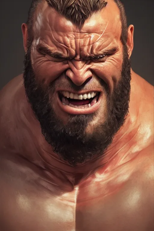 Image similar to studio portrait of hulking herculean ogre jesus christ, ultrafine hyperrealistic face illustration by kim jung gi, irakli nadar, intricate linework, sharp focus, bright colors, matte, octopath traveler, final fantasy, unreal engine highly rendered, global illumination, radiant light, intricate environment