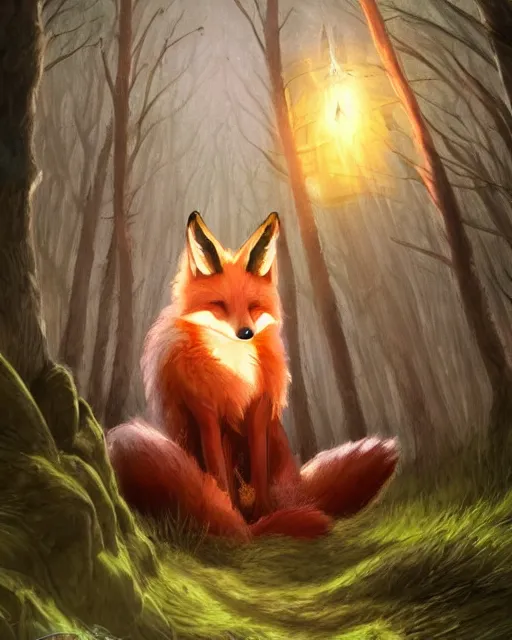 Image similar to Kitsune Fox Sorcerer meditating in the woods, nine tails, portrait, magic the gathering artwork, D&D, fantasy, cinematic lighting, centered, symmetrical, highly detailed, digital painting, artstation, concept art, smooth, sharp focus, illustration, volumetric lighting, epic Composition, 8k, art by Akihiko Yoshida and Greg Rutkowski and Craig Mullins, heroic pose, oil painting, cgsociety, Tree Woodland atmosphere