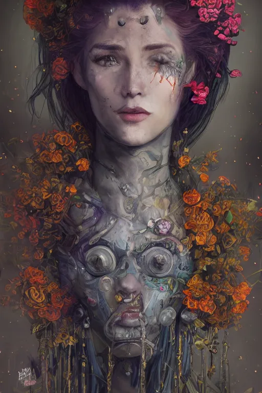 Image similar to portrait of beautiful young mainem, warhammer, cyber style, a lot of more scars, more and more flowers, the middle ages, highly detailed, artstation, illustration, artgerm sylvari portrait, 8 k quality, art by gustav klimt