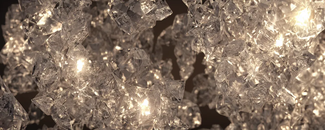 Image similar to Beautifully lit crystal details wrapped around. 3D Render. Octane Render. Cinema 4D. Blender. Cycles. Global Illumination. Ambient Occlusion, Sharp Details. Refracting light. Cool light. f/1.8