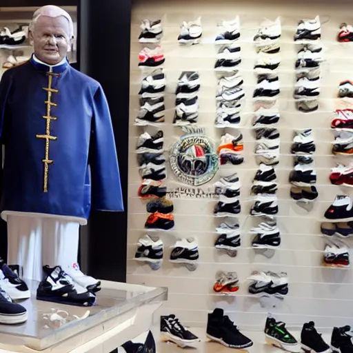 Image similar to john paul ii in a sneaker store