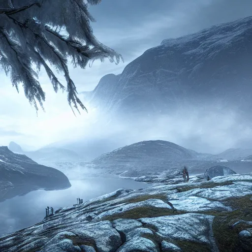 Prompt: norwegian landscape, intricate detail, volumetric lighting, epic composition, hyper detailed, ultra realistic, sharp focus, octane render, ray tracing, sense of awe, swirling mist