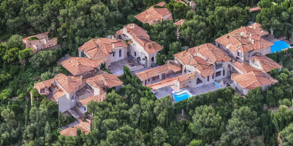 Prompt: pablo esbobar's villa, aerial view, photograph, extremely detailed, hdr