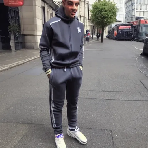 Image similar to skinny mixed race man wearing a tracksuit with trousers that show his pants in london