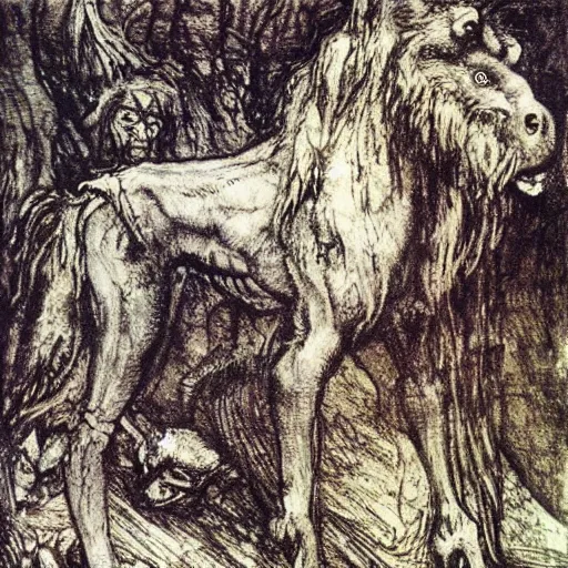 Prompt: And what rough beast, its hour come round at last, slouches towards Bethlehem to be born?, painted by Arthur Rackham