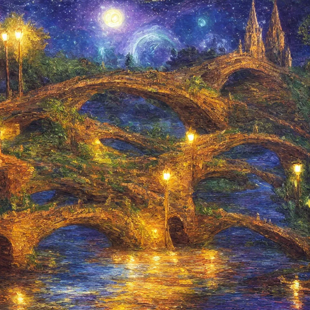 Prompt: 3 d high relief painting of fairyland bridge, outside of time and space, dreamy, romantic, night lighting, expressive impressionist style, highly detailed, 8 k