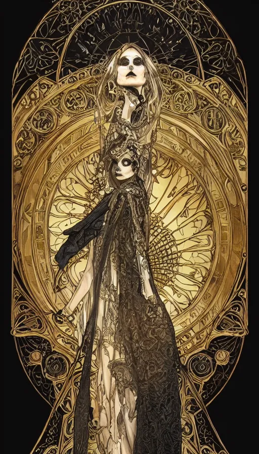 Prompt: a skeleton in a black cloak, highly detailed, very intricate, art nouveau, gold filigree, left right symmetry, tarot concept art watercolor illustration by mandy jurgens and alphonse mucha and alena aenami, featured on artstation