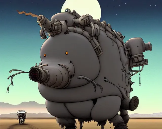 Prompt: a cell shaded cartoon grey lovecraftian mechanized buffalo from howl's moving castle ( 2 0 0 4 ), with a big head, on a desert road, wide shot, in front of a big moon, muted colors, post grunge, josan gonzales, wlop, by james jean, victor ngai, hq, deviantart, art by artgem
