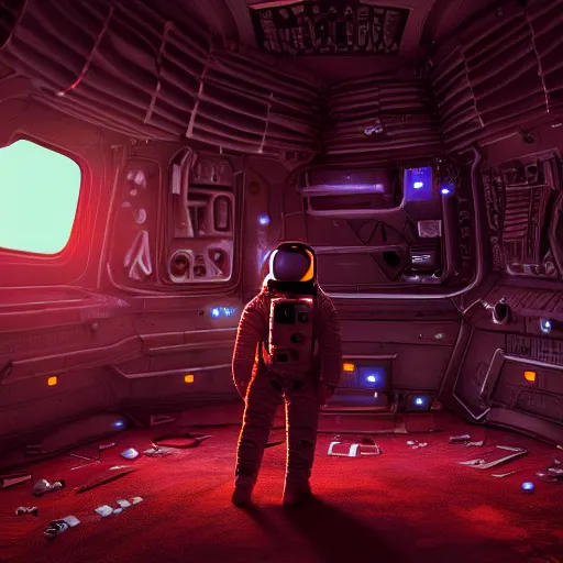 Image similar to digital art artwork of an astronaut walking in an abandoned spaceship by H. R. Giger, trending on artstation, Unreal Engine 5, 8K, colorful, neon colors