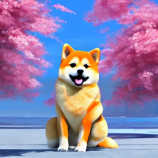 Image similar to hyper realistic cute fluffy shiba inu plays under the cherry blossom tree, highly detailed, digital painting, artstation, concept art, movie still, smooth, sharp focus uhd 8 k