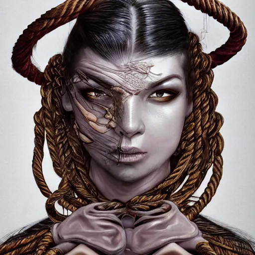 Image similar to portrait of a Shibari rope wrapped face and neck, headshot, insanely nice professional hair style, dramatic hair color, digital painting, of a old 17th century, old cyborg merchant, amber jewels, baroque, ornate clothing, scifi, realistic, hyperdetailed, chiaroscuro, concept art, art by Franz Hals and Jon Foster and Ayami Kojima and Amano and Karol Bak,