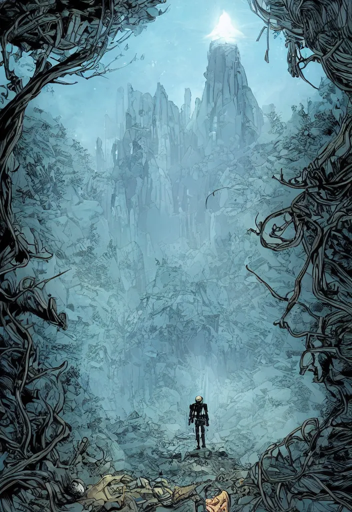 Image similar to A comic book cover of an android soldier with back to the camera, in a forest made of crystal, looking across a vast chasm and old rope bridge. On the mountain facing him is a crystal temple with a tower glowing in the fog