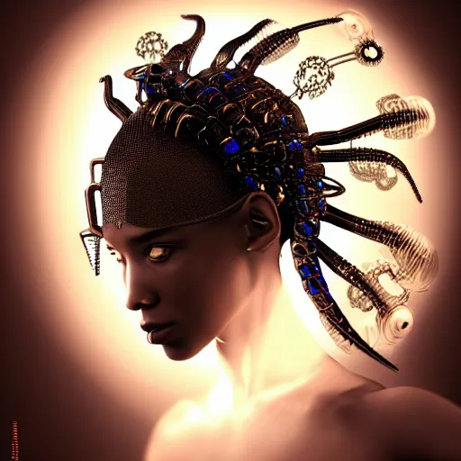 Image similar to portrait of an absurdly beautiful, graceful, sophisticated, fashionable black cyberpunk mechanoid gravure idol, hyperdetailed illustration by irakli nadar, adut akech, matt wisniewski style, intricate linework, dark black skin, jellyfish headdress, crystal ruff, unreal engine 5 highly rendered, global illumination, iridescent light, detailed and intricate environment