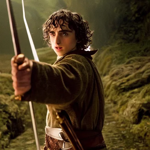 Prompt: action 7 0 mm nighttime photo still from lord of the rings of timothy chalamet as a hobbit assassin with a poisoned dagger, photo by philip - daniel ducasse and yasuhiro wakabayashi and jody rogac and roger deakins