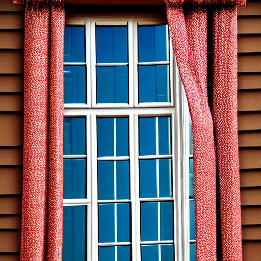 Image similar to a detailed photograph of the outside of a house with curtains in the windows, someone is peeking out at you through the curtains, 8 k, highly detailed, editorial