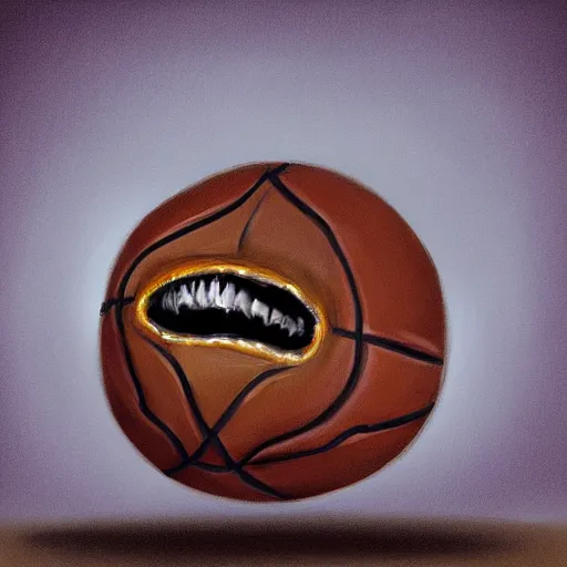 Prompt: a mimic disguised as a basketball inside of a dimly lit cave gnarling it's teeth fantasy, digital painting