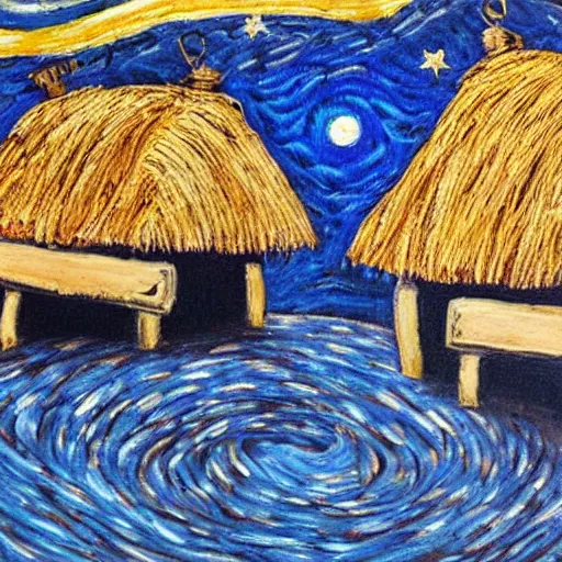 Image similar to Painting by Greg Rudkowski, A large ceramic jar with gold ornaments flies high in the starry night sky above small huts under thatched roofs