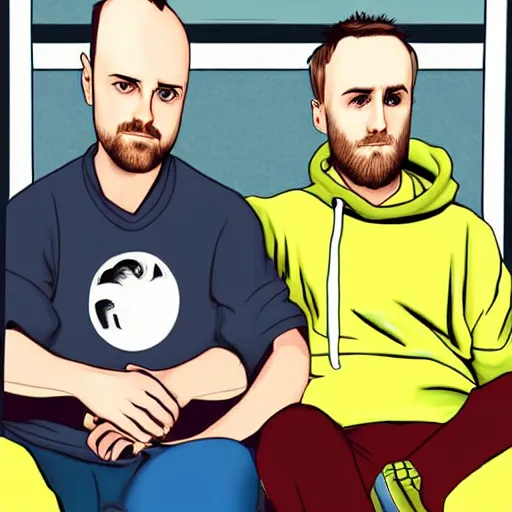 Image similar to a digital art of jessie pinkman and jessie pinkman, sitting on two sofas, watching tv, holding hands, back to the camera, storybook art, detailed, profile shot, featured on artstation