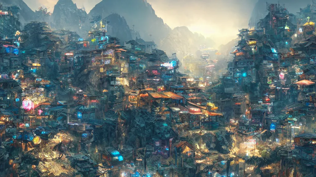 Prompt: small oriental mountainside village in cyberpunk style, concept art, hyperrealistic, highly detailed, 4 k hd