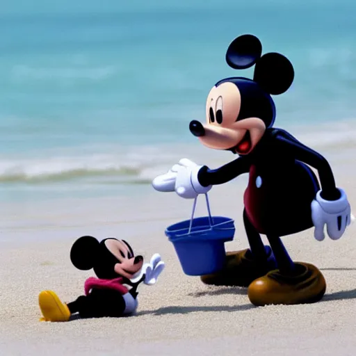 Image similar to Mickey Mouse staring at Kate Beckinsale on the beach, she is annoyed,