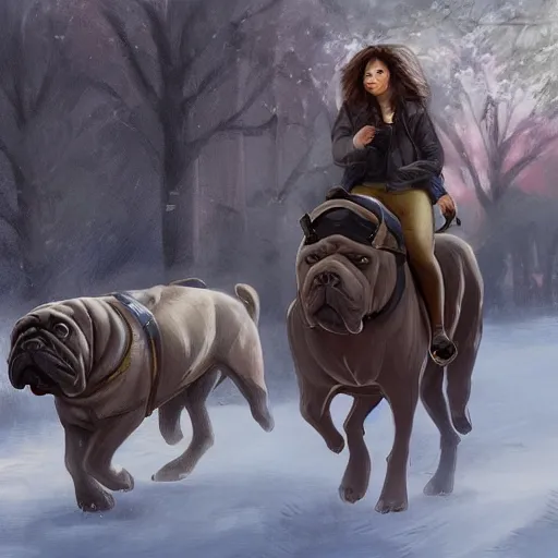 Image similar to girl riding a giant Neapolitan Mastiff in the park, trending on artstation