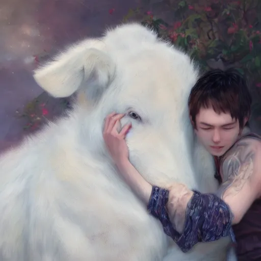 Image similar to a person hugging a large white animal, a detailed painting by krenz cushart, pixiv contest winner, fantasy art, official art, detailed painting, pixiv. highly detailed. 4 k masterpiece.