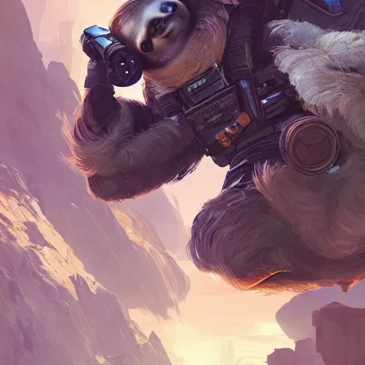 Image similar to sloth working on pc as apex legends character, digital illustration portrait design, by android jones and greg rutkowski, retrowave color scheme, detailed, cinematic lighting, wide angle action dynamic portrait