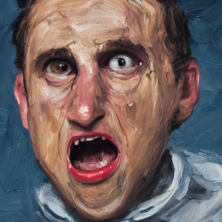 Prompt: warmly lit close up studio portrait of young angry!! screaming Steve Carell age 23 furious!, impasto oil painting thick brushstrokes by Lucian Freud and Cy Twombly and Tim Hawkinson , trending on artstation dramatic lighting Expressionism