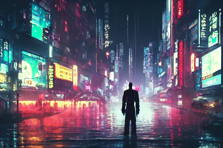 Image similar to Samurai with a sword stands infront of cyberpunk city, in theme of bladerunner movie, year 2077 raining, neon lights, night, realism. Beautiful lighting, highly detailed digital art, trending on artstation.