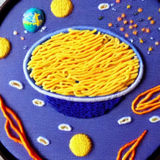 Prompt: a bowl of kraft dinner in space, embroidery, highly detailed