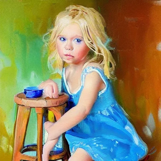 Prompt: A beautiful painting of a small girl with blonde hair, blue eyes, and a white dress sitting on a stool with her feet in a bucket of water. She has a serious look on her face as she stares at the water. cow print by Raymond Swanland, by Charles Camoin insane