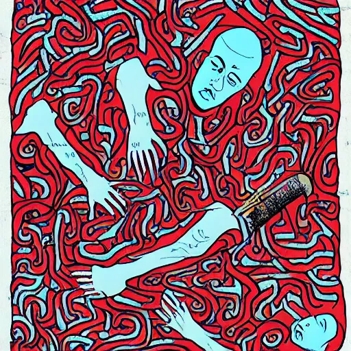 Image similar to chinese surgeons organ harvesting, in the style of daniel johnston and outsider art, 8k, line brush, minimal, overlaid with chinese caligraphy