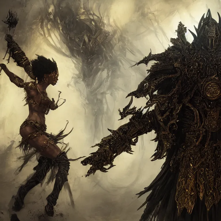 Image similar to dance of black man and a female devil, Dark Souls 3 themed, in style of Ruan Jia, insanely detailed and intricate, golden ratio, elegant, ornate, luxury, elite, matte painting, cinematic, cgsociety, James jean, Brian froud, ross tran, Laputa