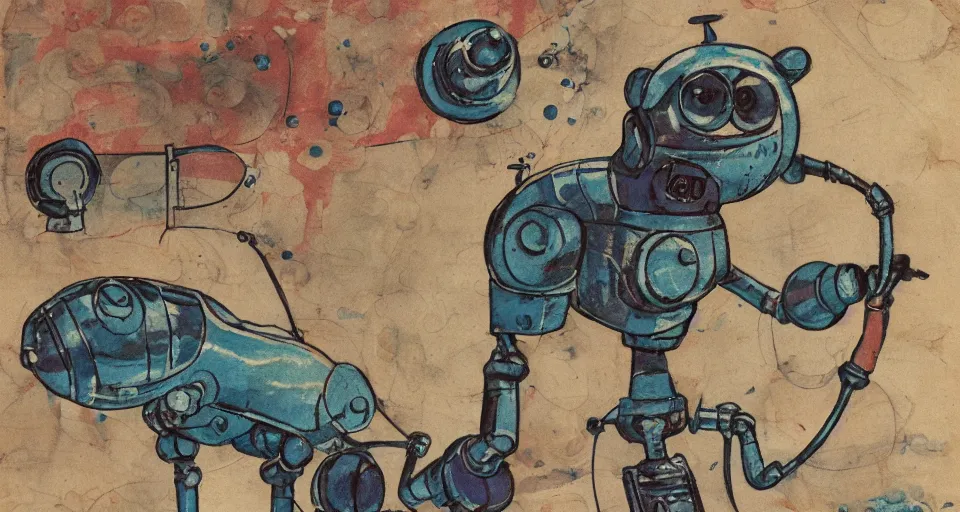 Prompt: a detailed illustration of a cute retro robot dog, alcohol inks on parchment, muted colors, detailed, textured parchment background, bosch, 1 9 5 0 s concept art