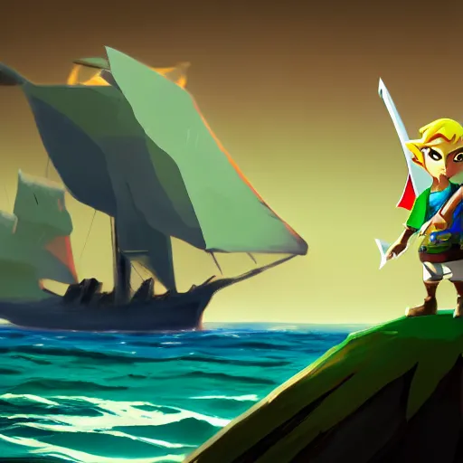 Image similar to link from wind waker!! stands on an island ready for battle, a large detailed pirate ship is in the water in the distance, dramatic lighting, diffused light, haze, lens flare, extremely detailed wind waker concept art, 8 k, trending on artstation