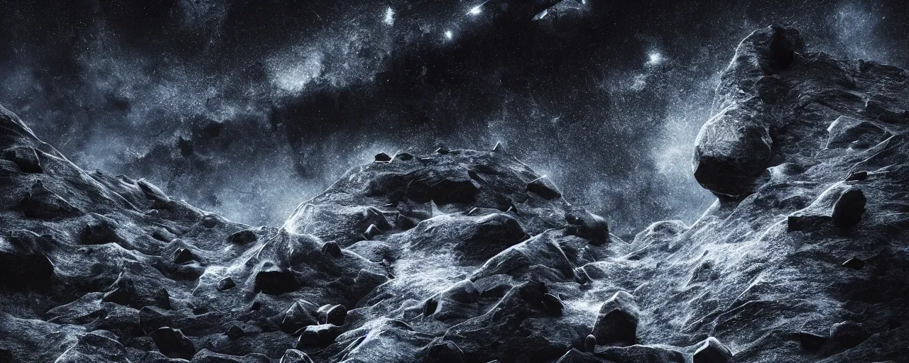 Prompt: ” giant rock in a deep black space with stars, [ cinematic, detailed, epic, widescreen, opening, establishing, mattepainting, photorealistic, realistic textures, octane render ] ”