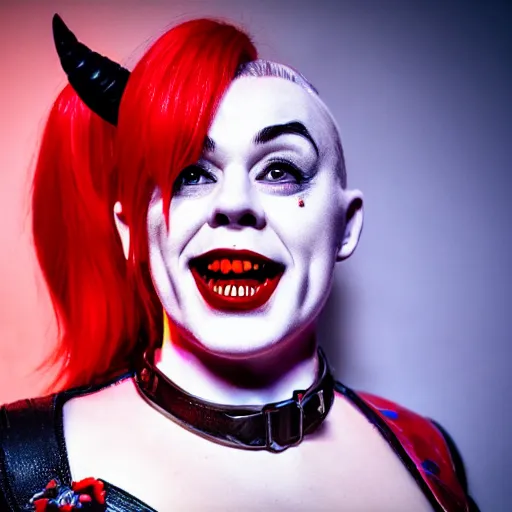 Image similar to Shrek as real-life Harley Quinn, cinematic, Wide-shot, atmospheric lighting, extreme detail, 8K, movie still