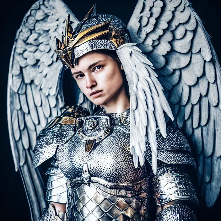 Image similar to photo of an angel warrior queen wearing diamond encrusted armour, highly detailed, 4 k, hdr, smooth, sharp focus, high resolution, award - winning photo