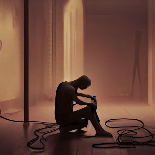 Image similar to A single monk kneeling with wires connecting him to a computer, Machines and wires everywhere, neon lights, creepy, dark shadowy surroundings, dystopian scifi, horror, Stefan Koidl inspired