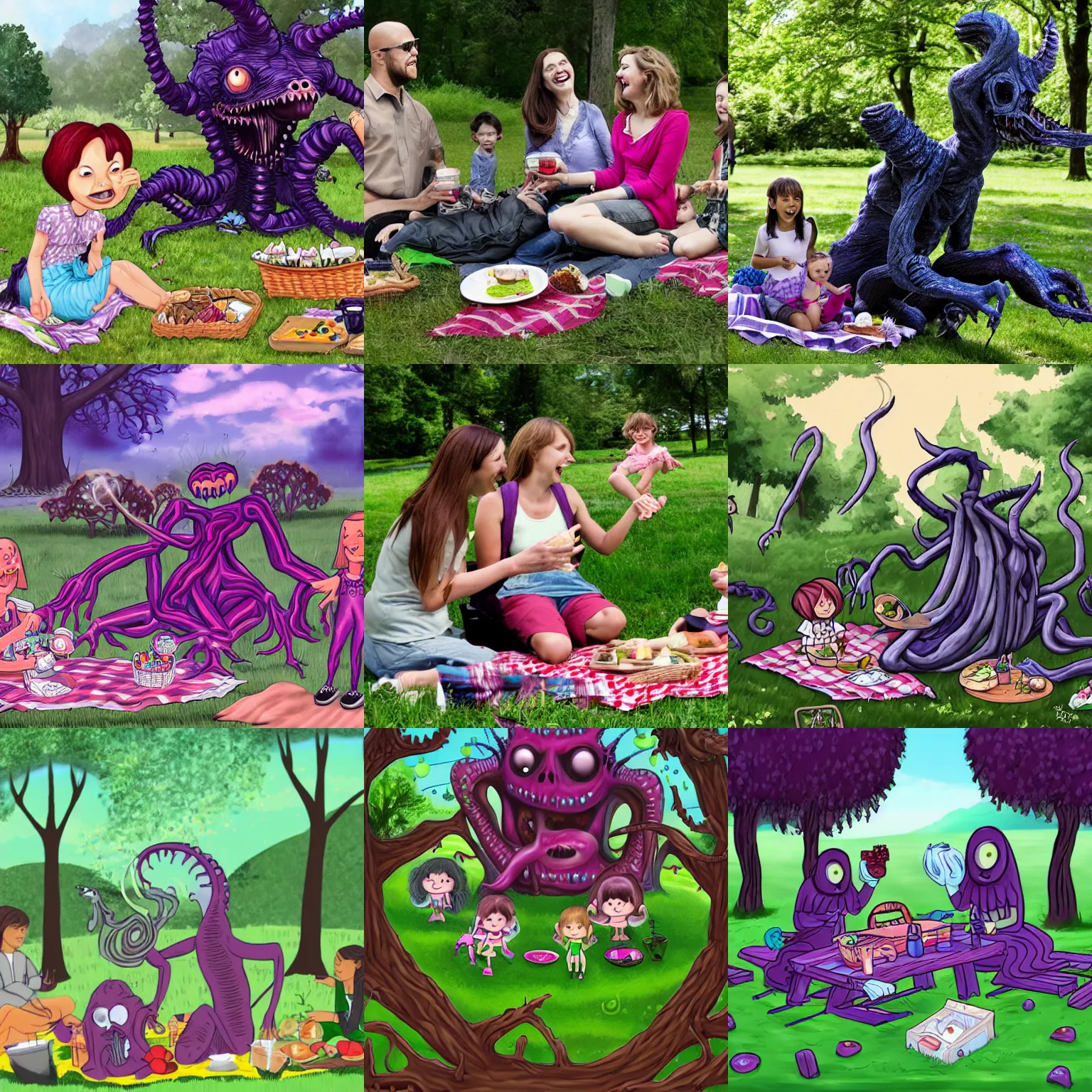 Prompt: an eldritch abomination having a fun picnic in the park with its family