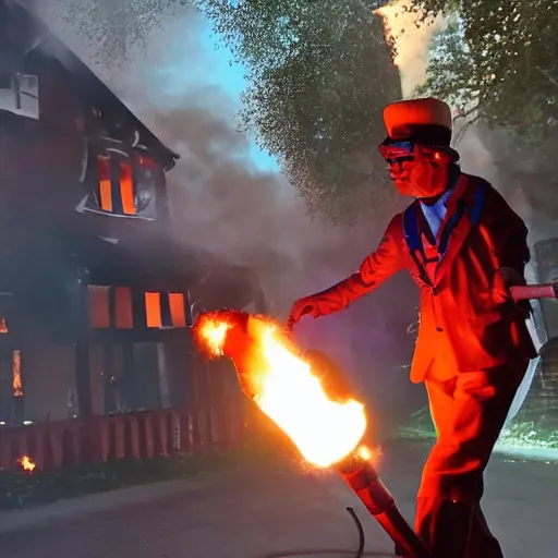 Image similar to photo of a clown using a flamethrower. In the background there is a house fire. award-winning, highly-detailed, 8K