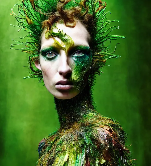 Image similar to photography portrait of one female fashion model in rainforest, wearing fluid organic clothes designed by iris van herpen, creative colorfull - makeup, curly hair style half long, photography by paolo roversi nick knight, helmut newton, avedon, and araki, natural pose, highly detailed