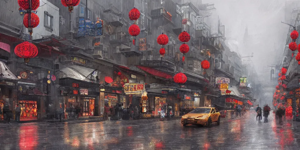 Image similar to an environmental concept art of a busy street in chinatown, rainy, highly detailed by francis tneh