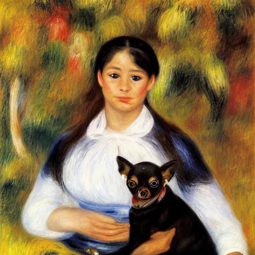 Image similar to a woman and her black and brown chihuahua by pierre - auguste renoir